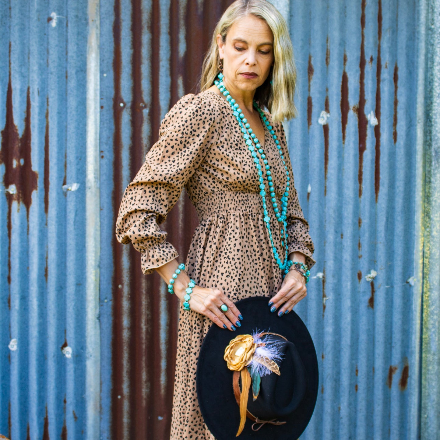 **Long Turquoise Beaded Cross Necklace 258L