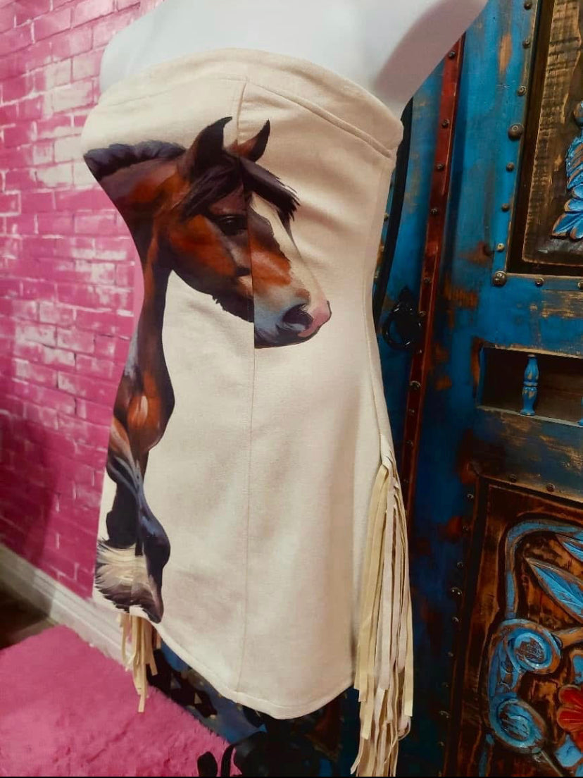 L&B Cream Horse Fringe Tube Dress