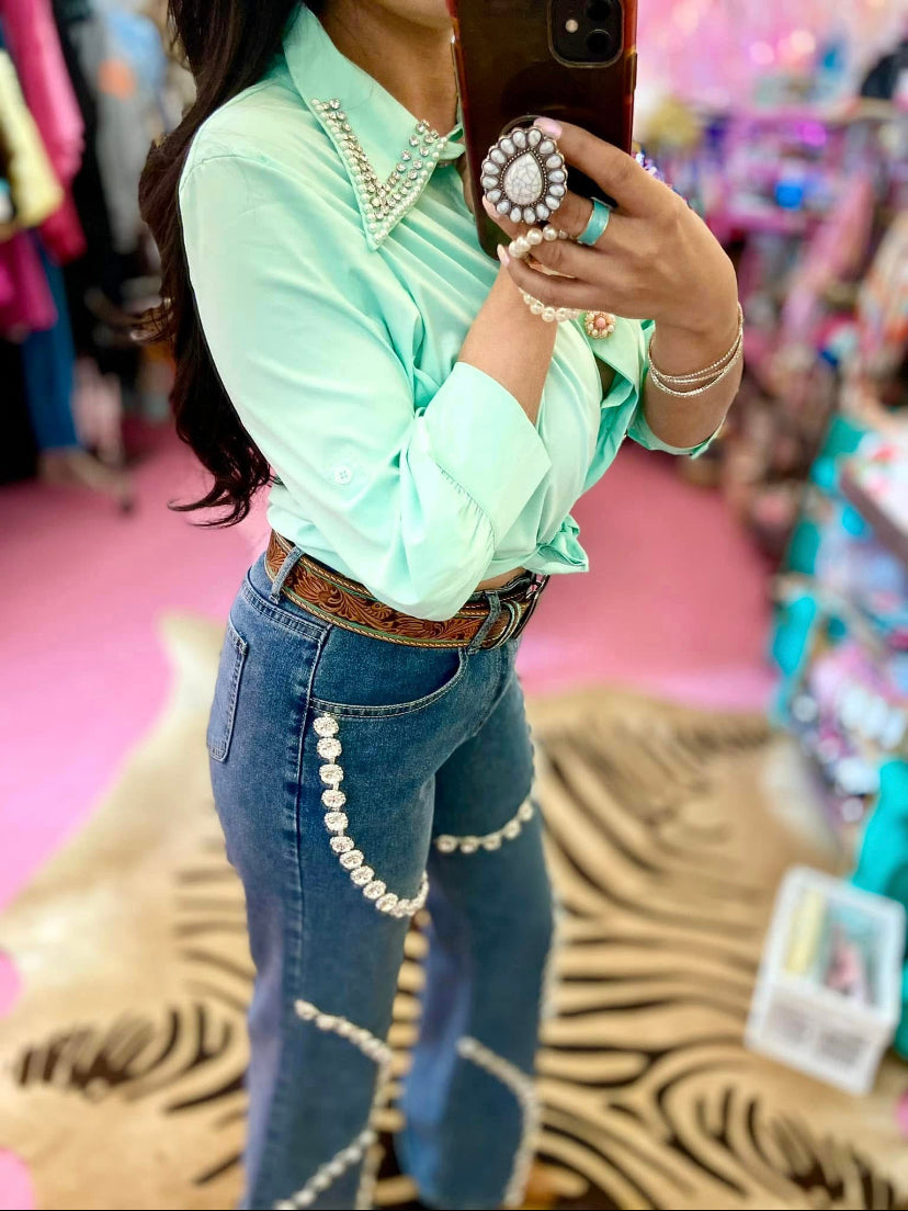 Mint Blouse with Bling Collar