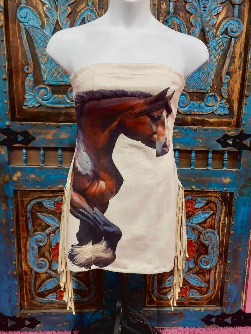 L&B Cream Horse Fringe Tube Dress