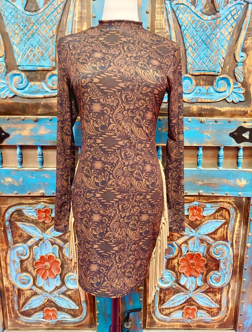 L&B Brown Tooled Fringe Dress