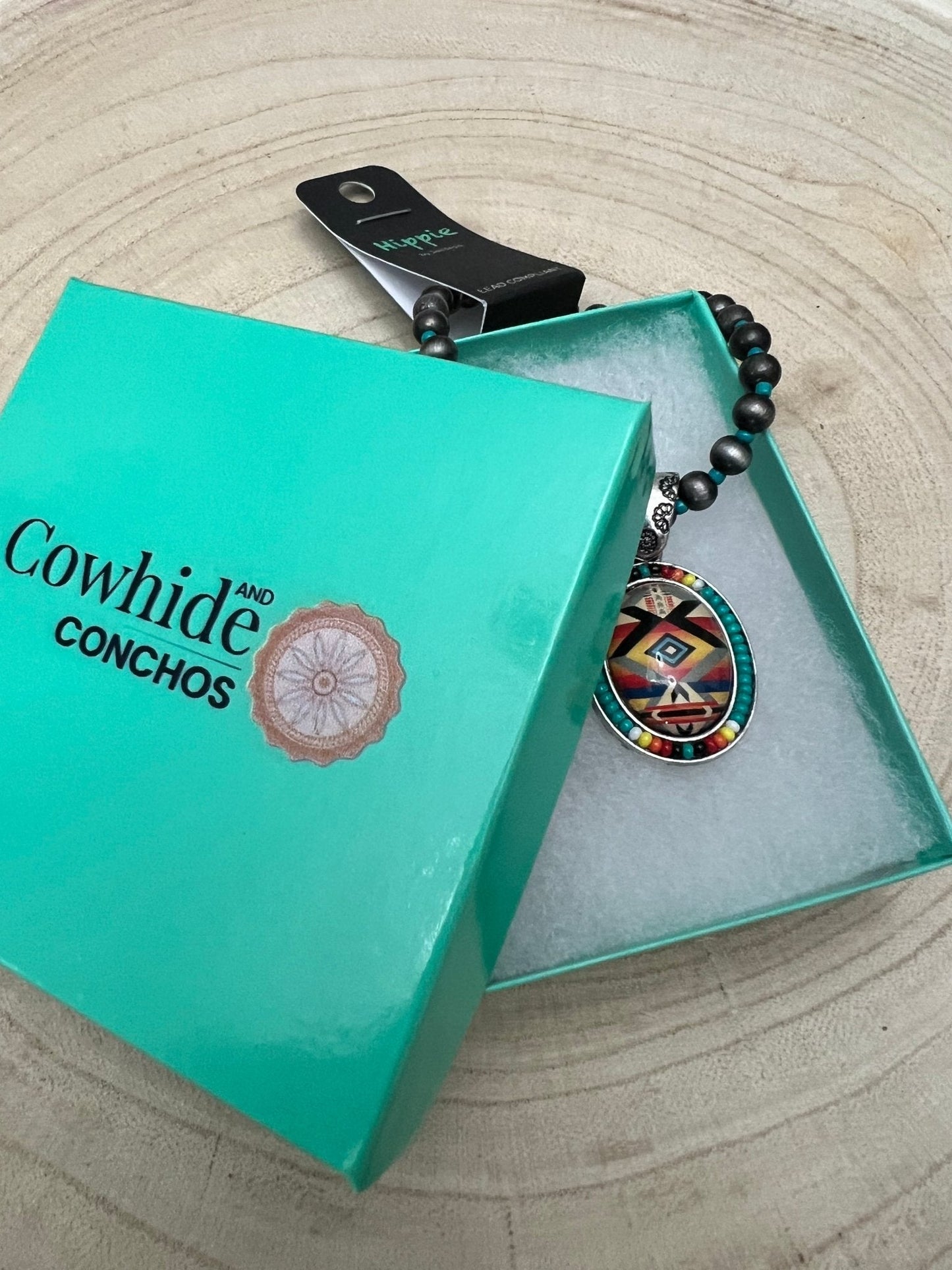 Aztec Pendant with Seed Bead and Faux Pearl and Turquoise Stretch Bracelet