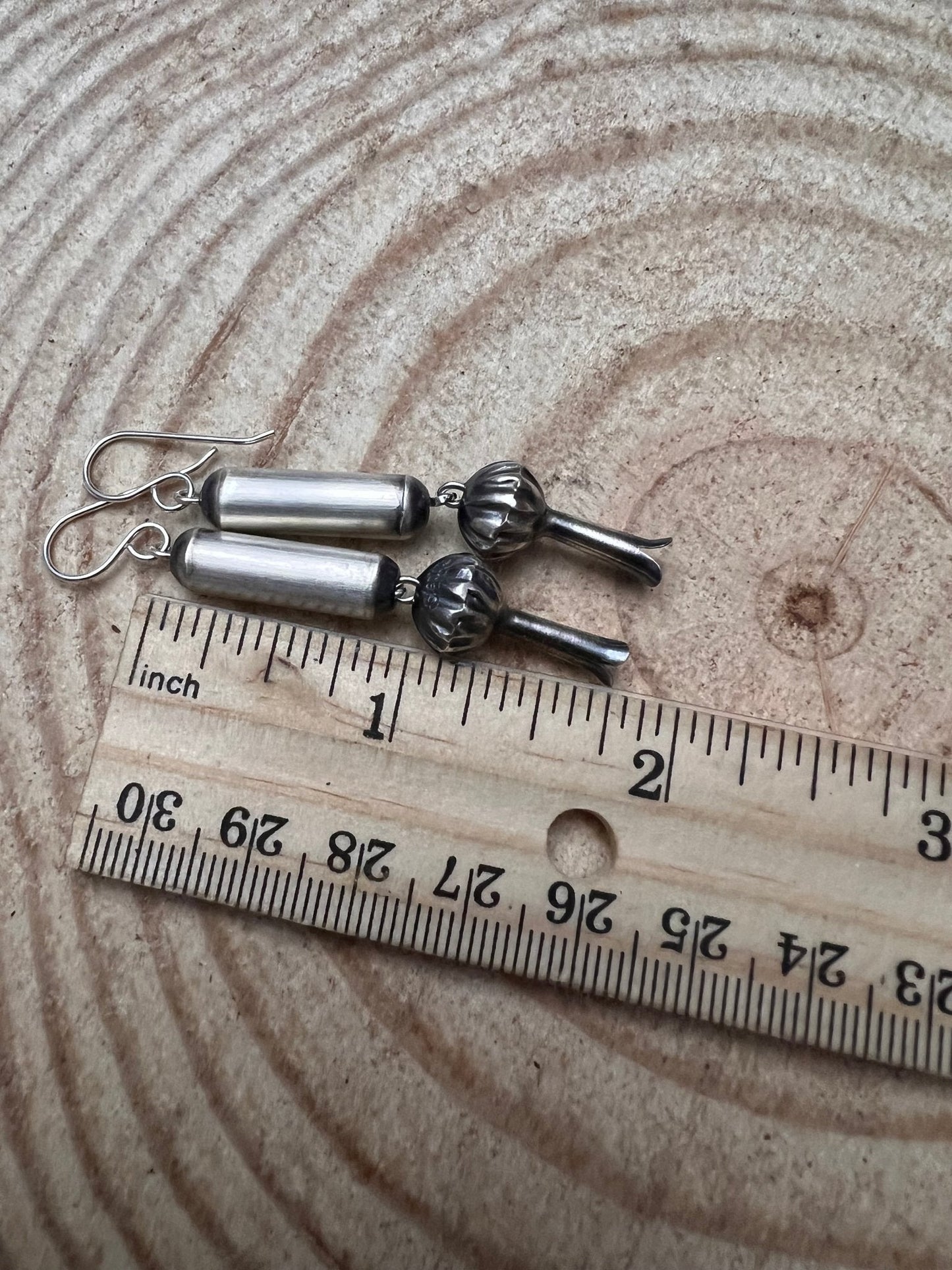 Barrel and Squash Blossom Dangle Earrings by Crystal Hayley - 1 3/4 inch drop