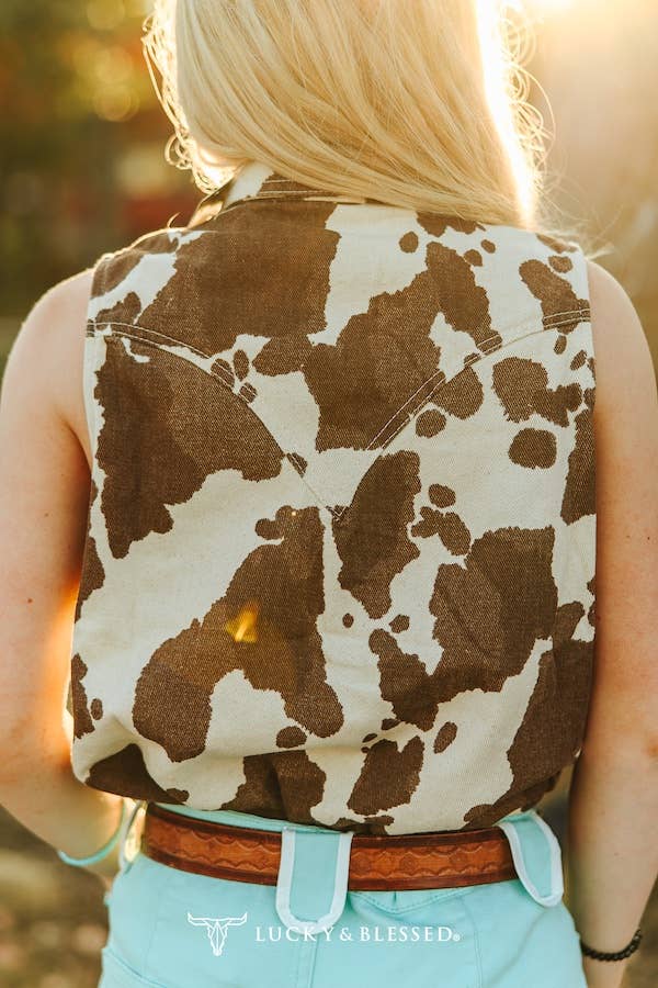 Cowhide Print Denim Button Down Pearl Snap Sleeveless Shirt