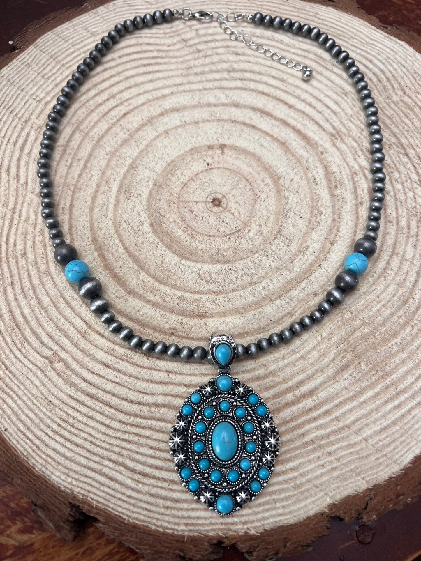 Faux Turquoise and Faux Sterling Pearl Concho Necklace - 20 inch + 3