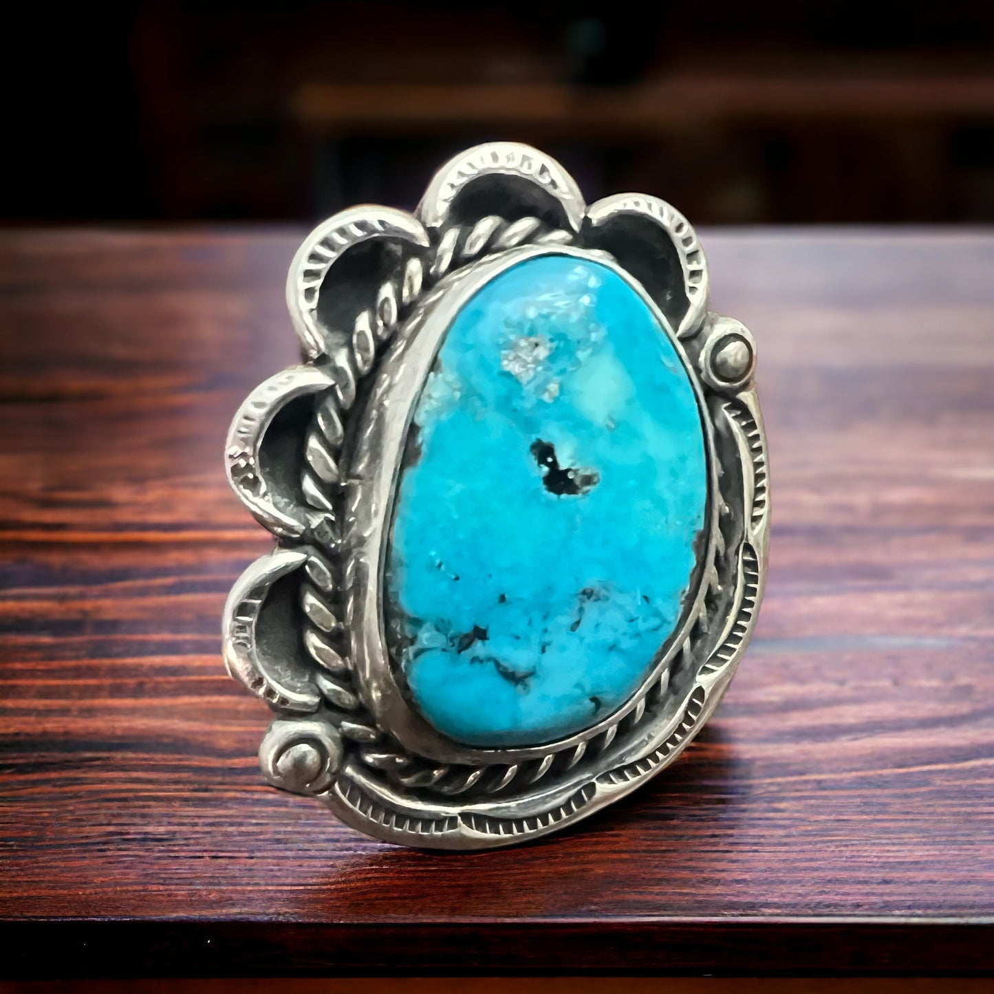 Turquoise Ring - Gorgeous Blue & Hand stamping on Sterling - Size 7