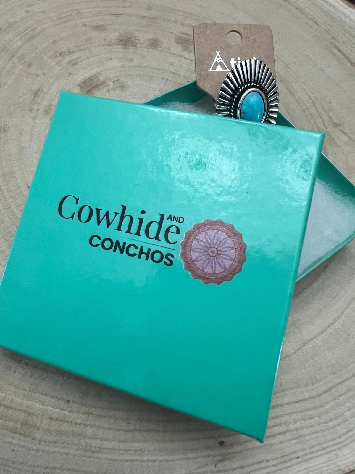 Western Concho & Faux Turquoise Adjustable Statement Ring — 1.5" Bold Western Hand Statement