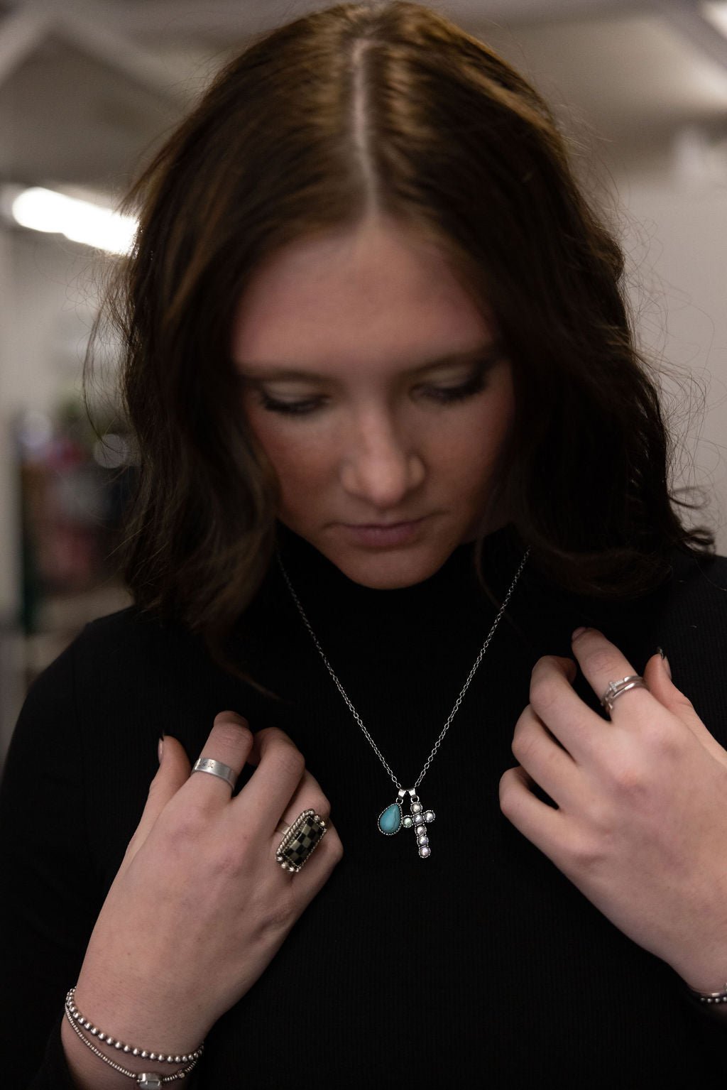 Western Rhinestone Cross and Faux Turquoise Dangle Necklace - 18 inch + 3