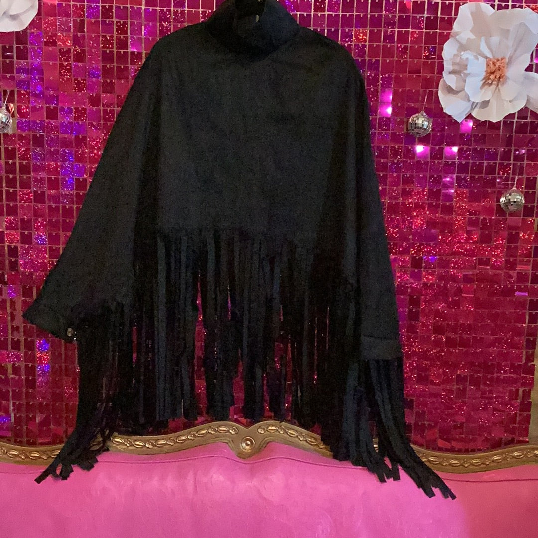 Black suede fringe poncho