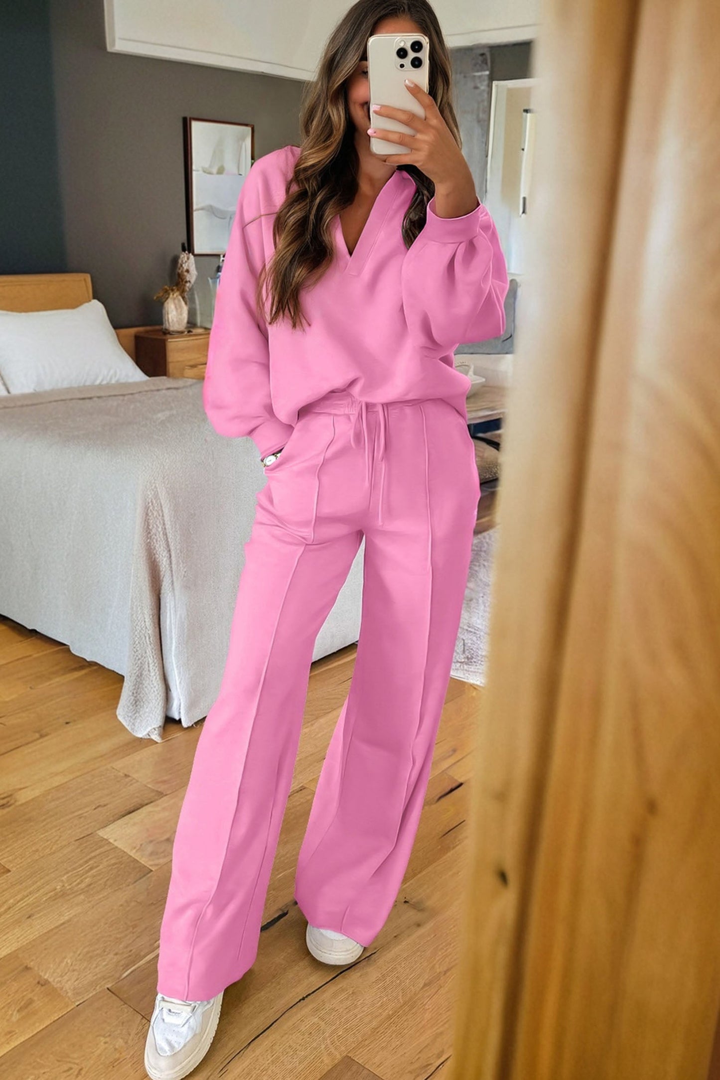 Solid V-Neck Pullover and Drawstring Sweatpants Set