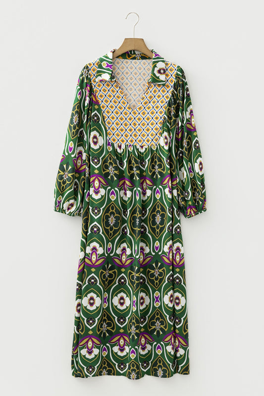Plus Size Mix Floral Patchwork V-Neck Dress