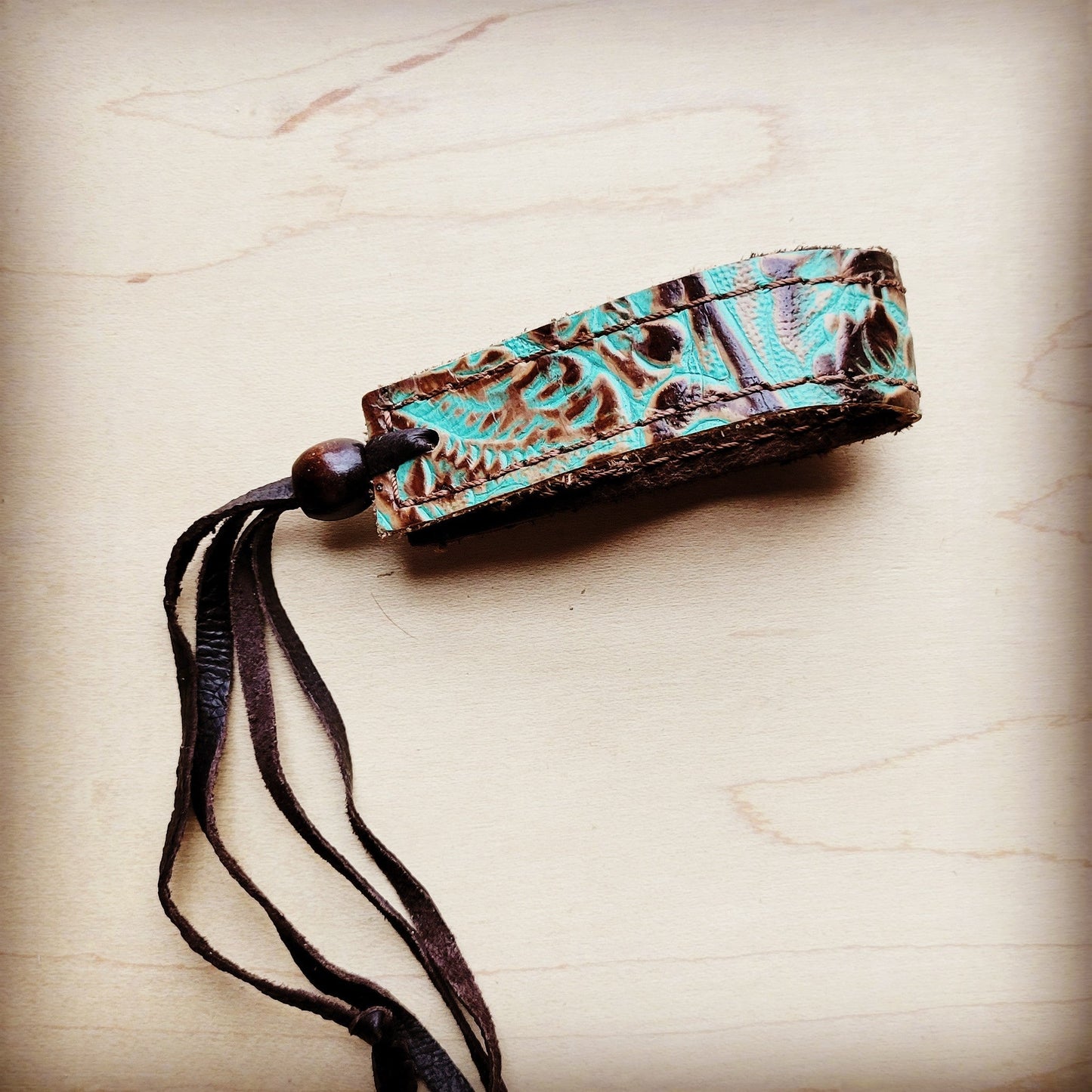 **Narrow Leather Cuff in Cowboy Turquoise w/ adjustable leather 001f