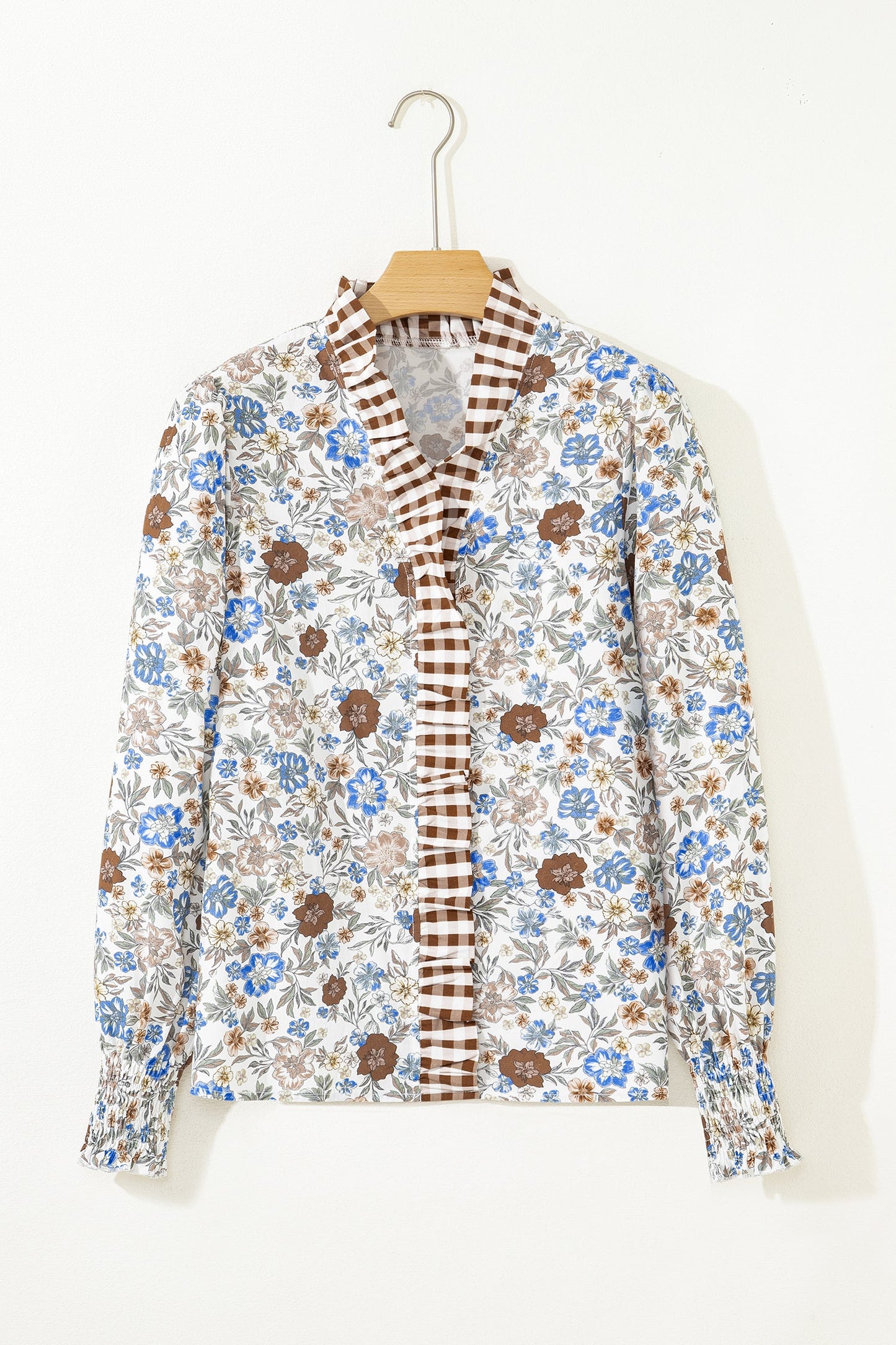 Floral Plaid Frill Trim Long Sleeve Blouse
