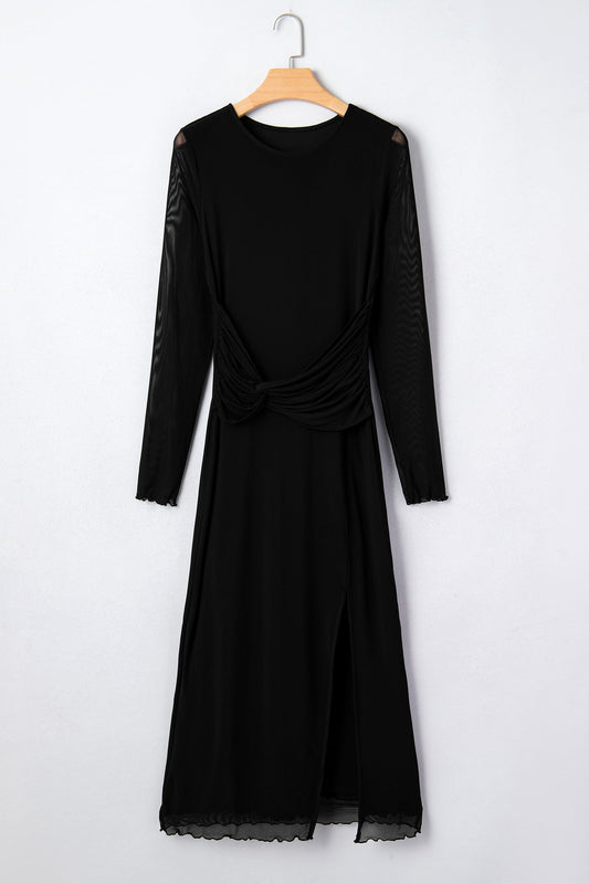 Solid Mesh Knotted Waist Side Slit Midi Dress