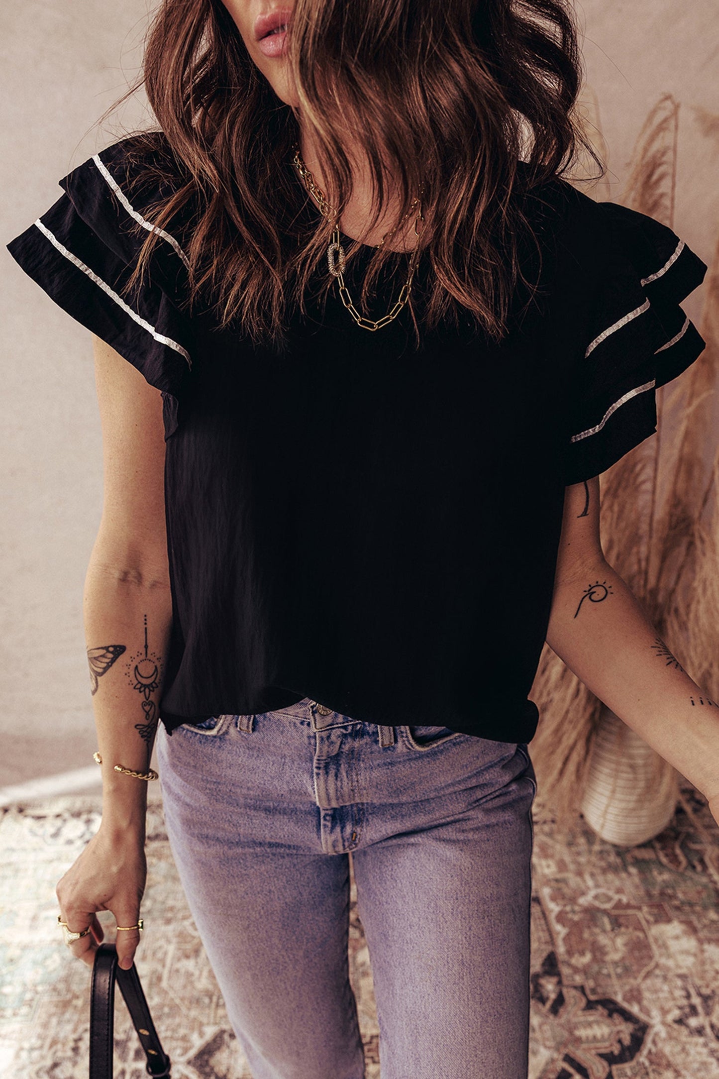Contrast Trim Dual Ruffle Short Sleeve Blouse