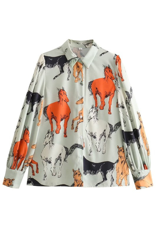 Off To The Races Horse Print Blouse - Mint