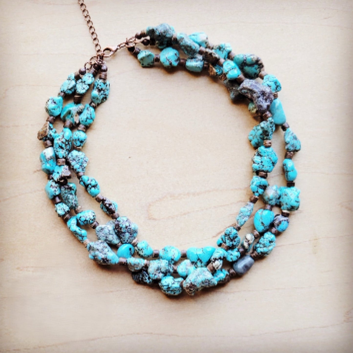 **Large Triple Strand Blue Turquoise & Wood Collar Necklace 259g