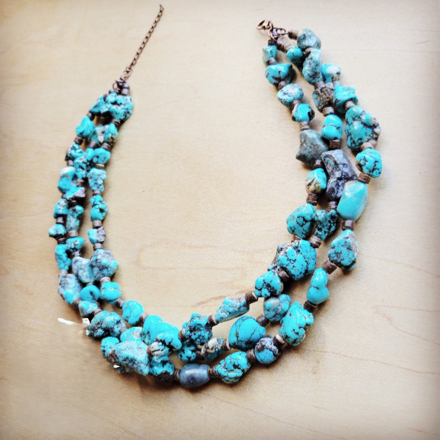 **Large Triple Strand Blue Turquoise & Wood Collar Necklace 259g