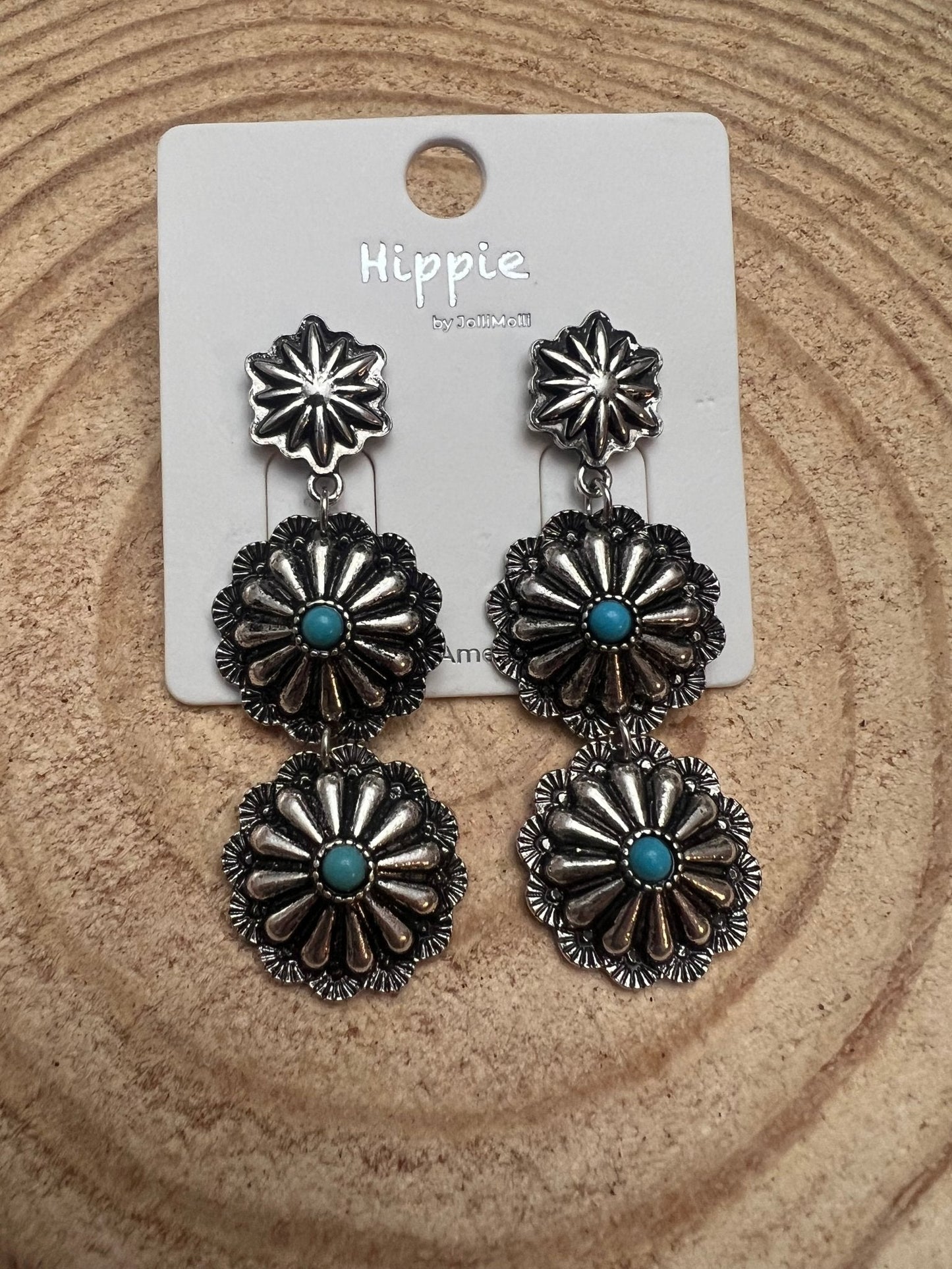 3 Concho Dangle Earrings with Faux Turquoise - 2 1/4 inch drop