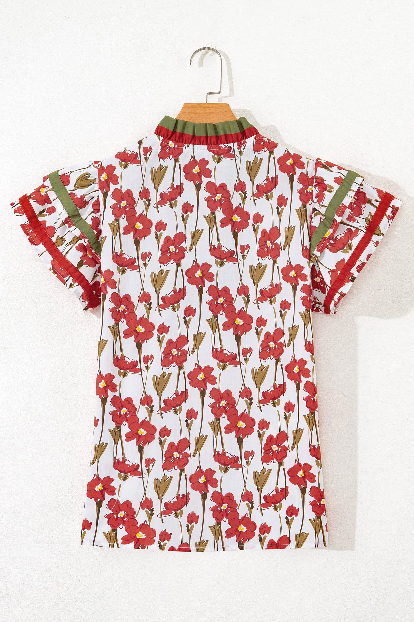 Contrast Trim V-Neck Ruffle Short Sleeve Blouse