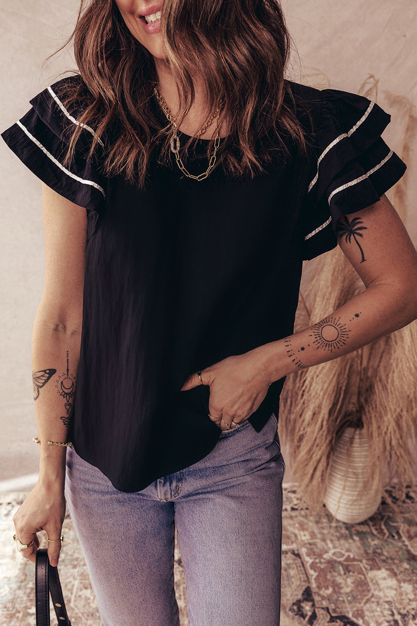 Contrast Trim Dual Ruffle Short Sleeve Blouse