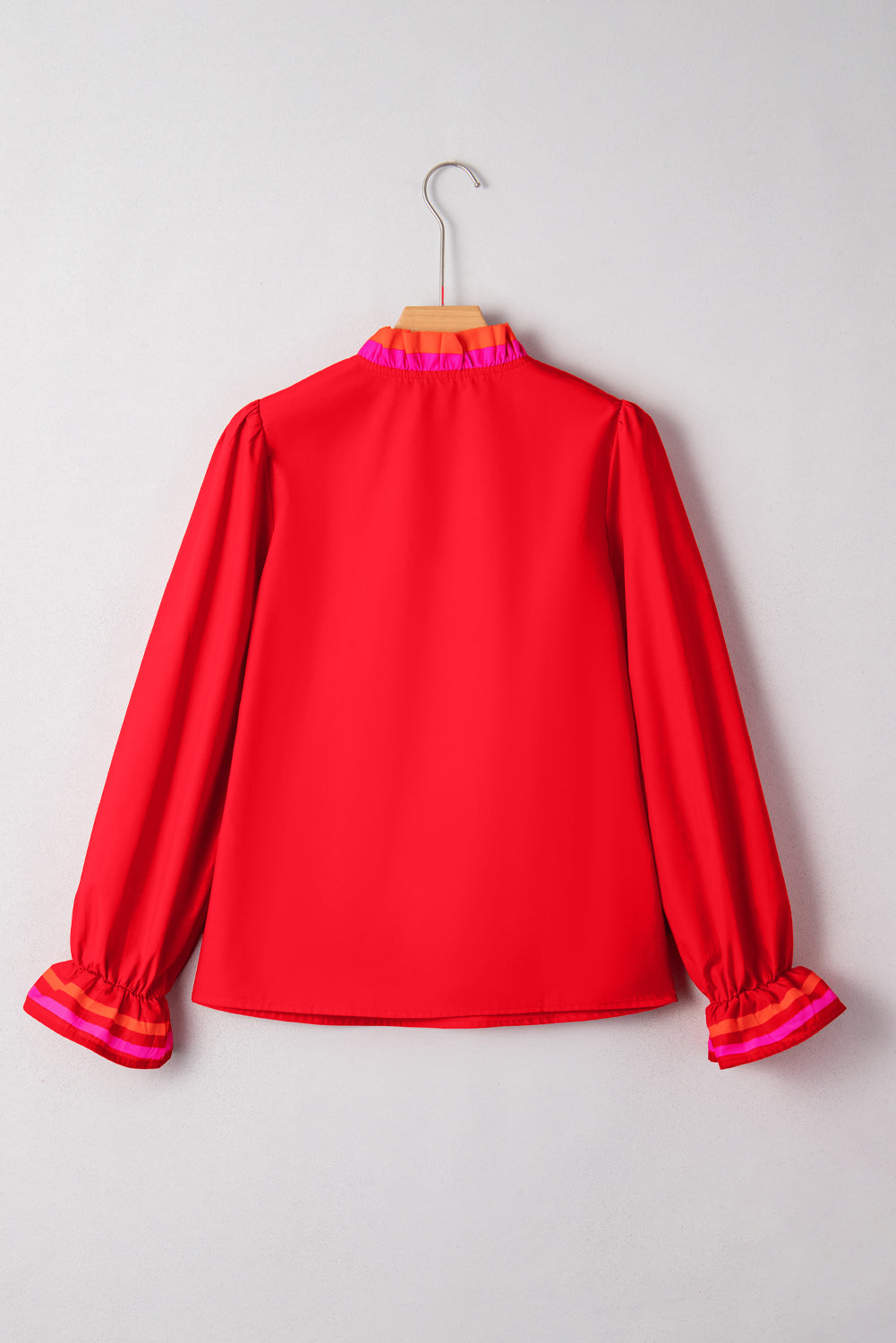 Stripe Trim Ruffle Split Neck Long Sleeve Blouse
