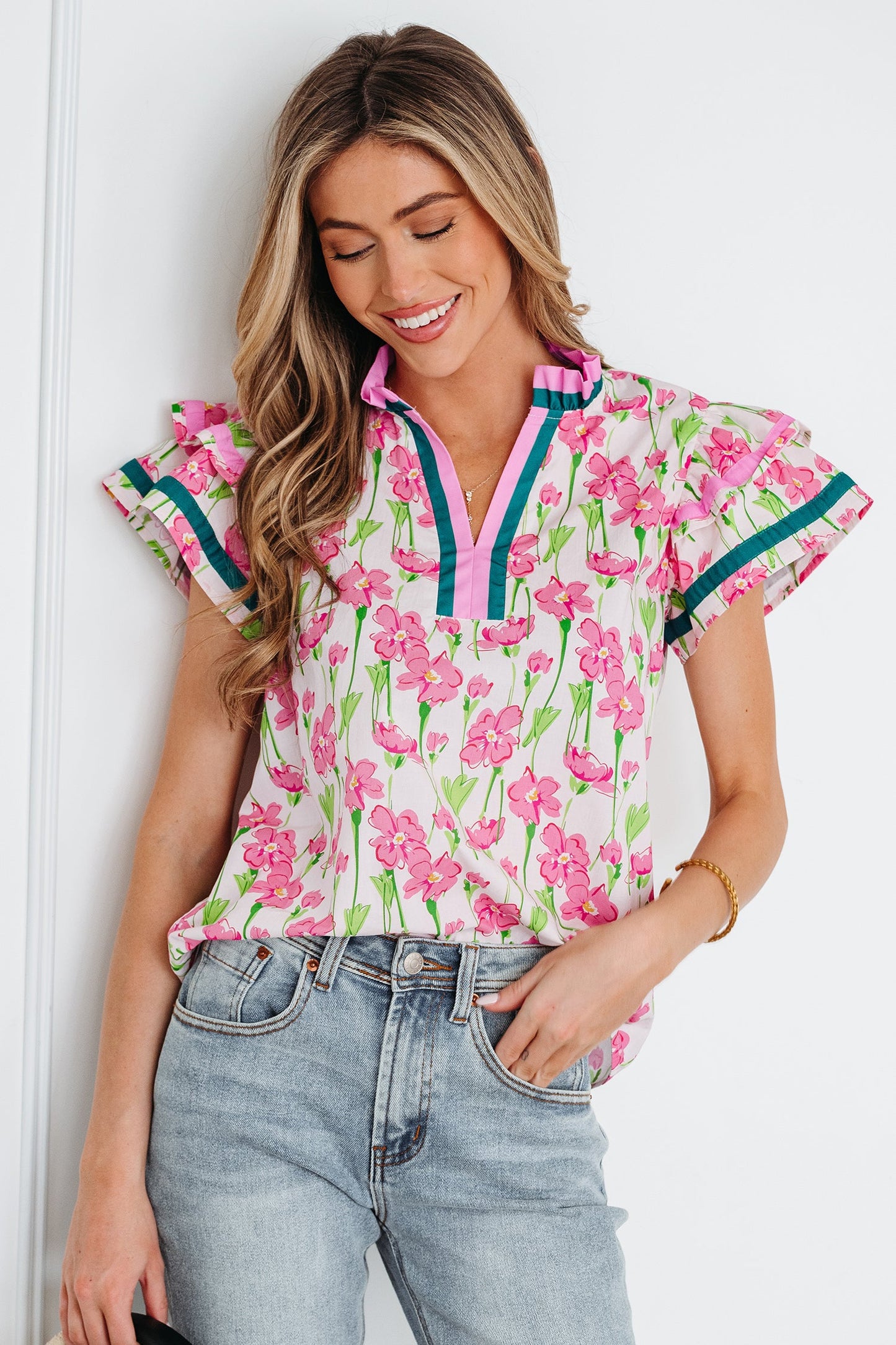Contrast Trim V-Neck Ruffle Short Sleeve Blouse