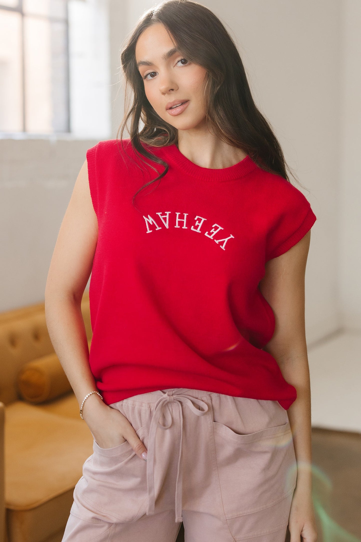 YEEHAW Embroidered Letter Short Sleeve Sweater