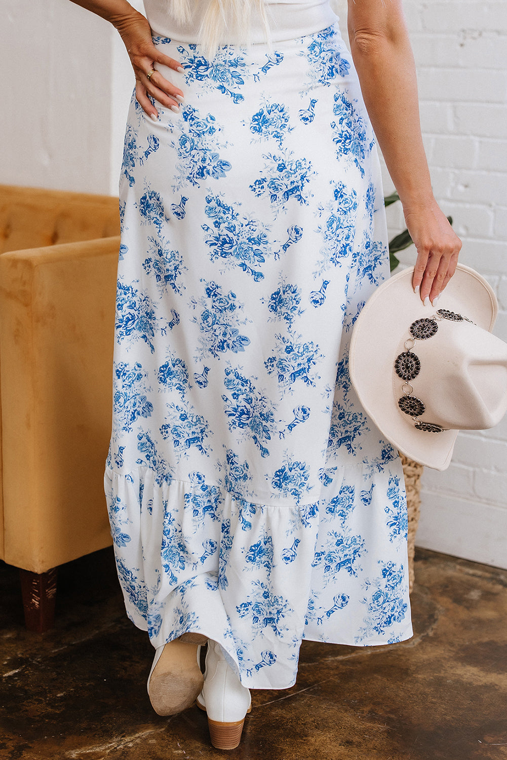 Floral Boho High Waist Ruffle Split Maxi Skirt