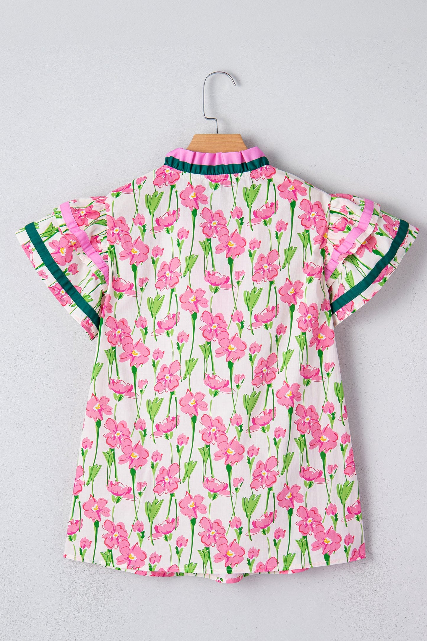 Contrast Trim V-Neck Ruffle Short Sleeve Blouse