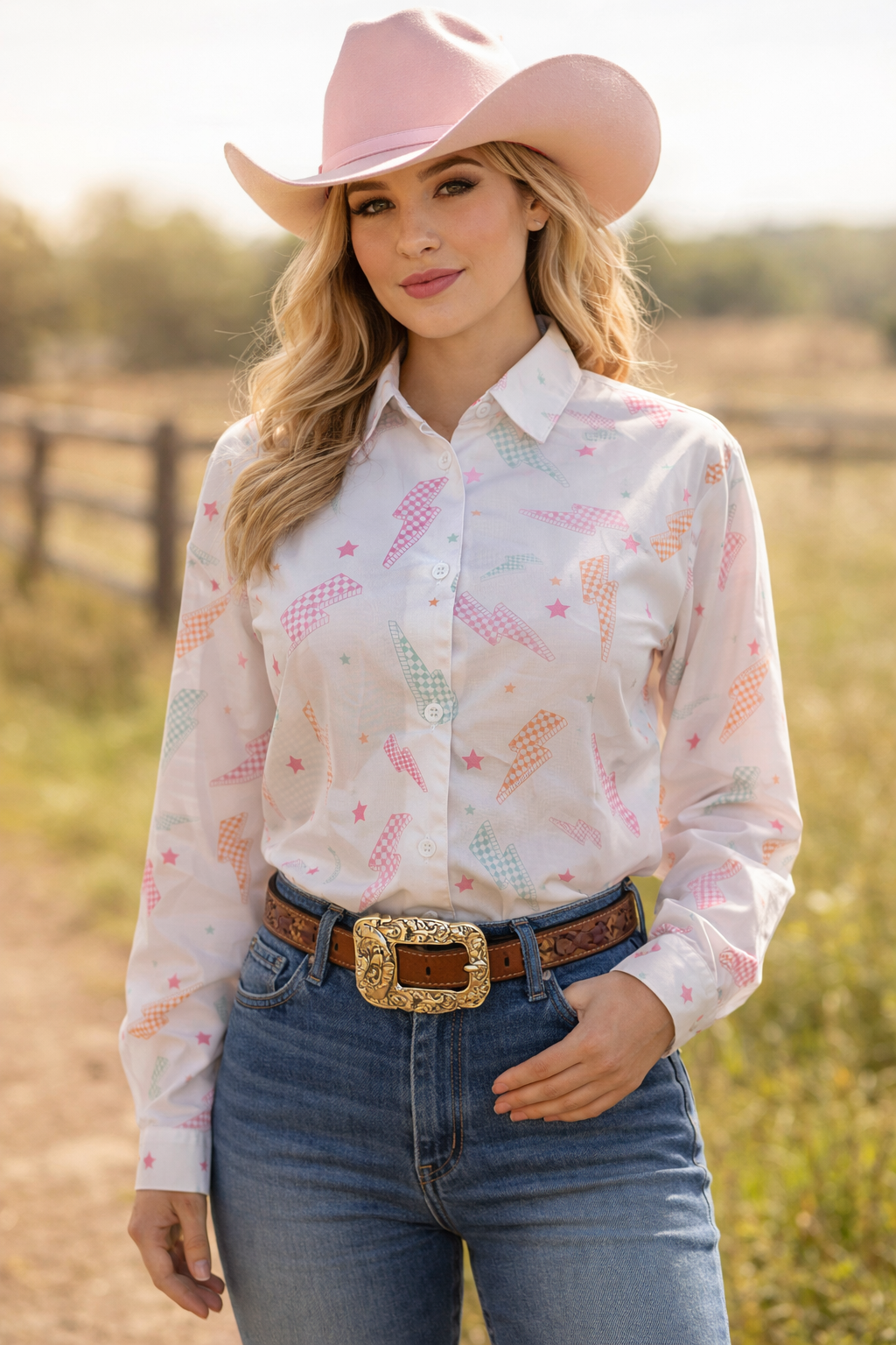 Plaid Lightning Button-Up Rodeo Shirt Blouse