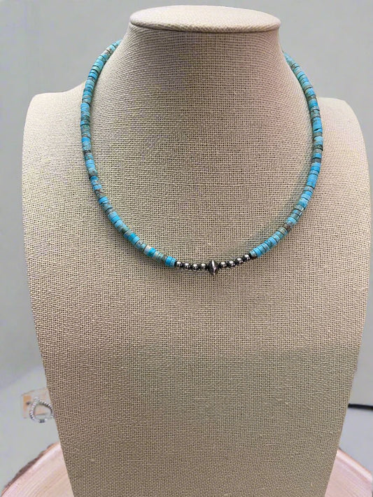 4mm Sterling Pearls and Sterling Saucer Accent Bead Turquoise Choker - 14 inch