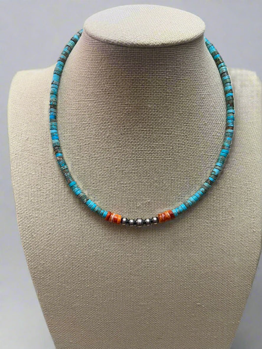 4mm Sterling Pearls, Variscite Turquoise and Spiny Oyster - The Vibrant Choker