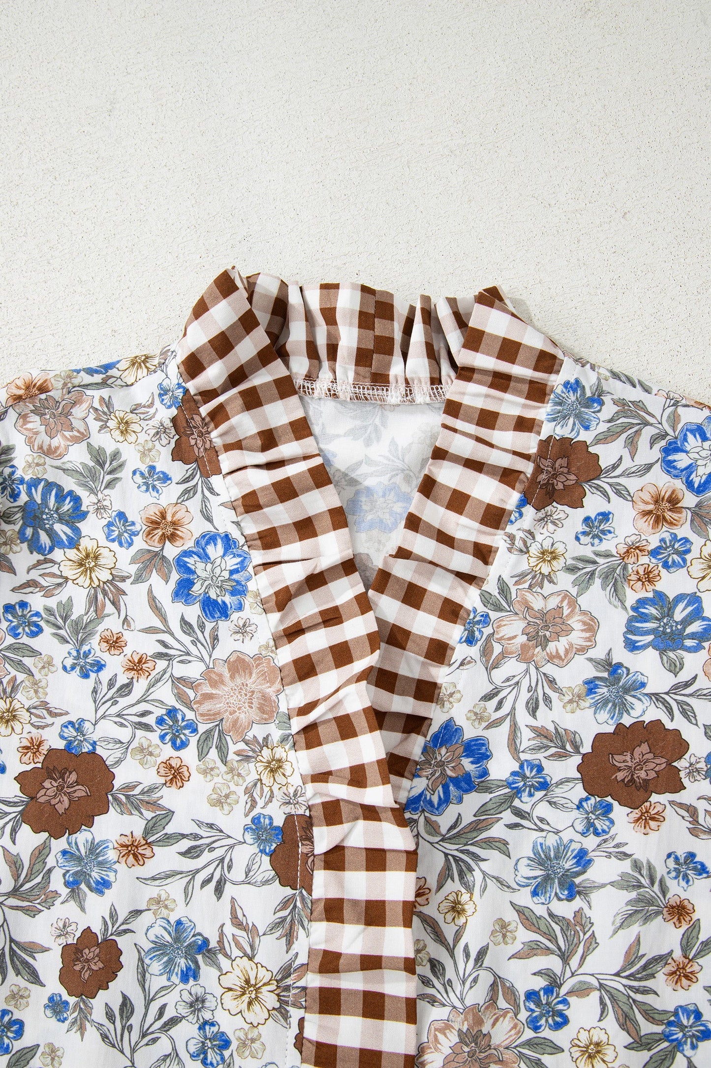 Floral Plaid Frill Trim Long Sleeve Blouse