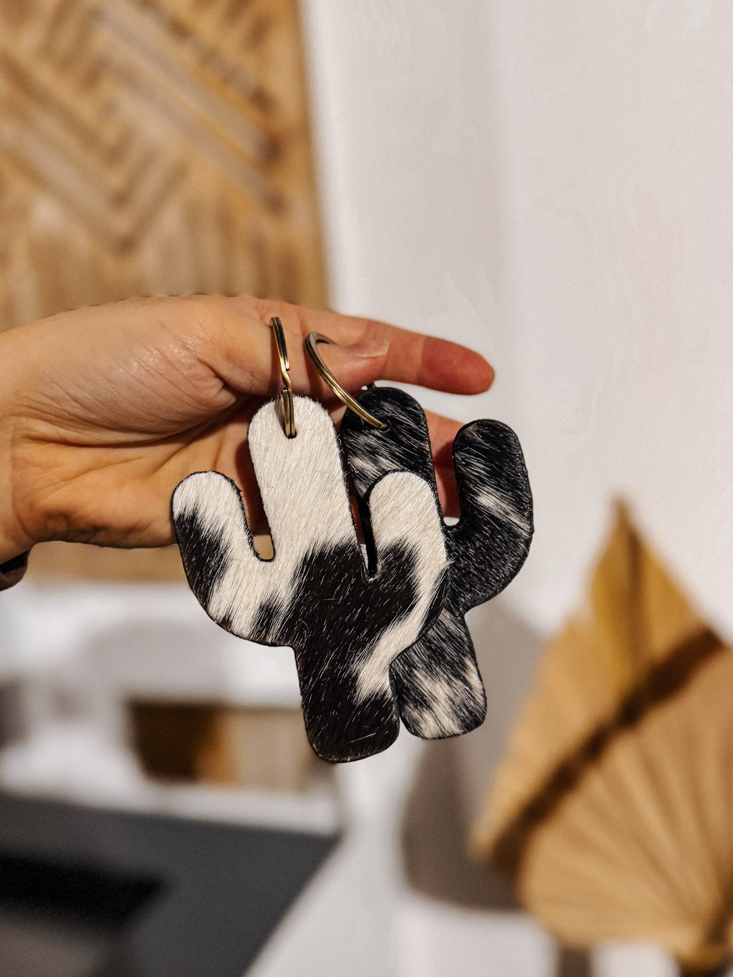 Cactus Cowhide Keychain: Black