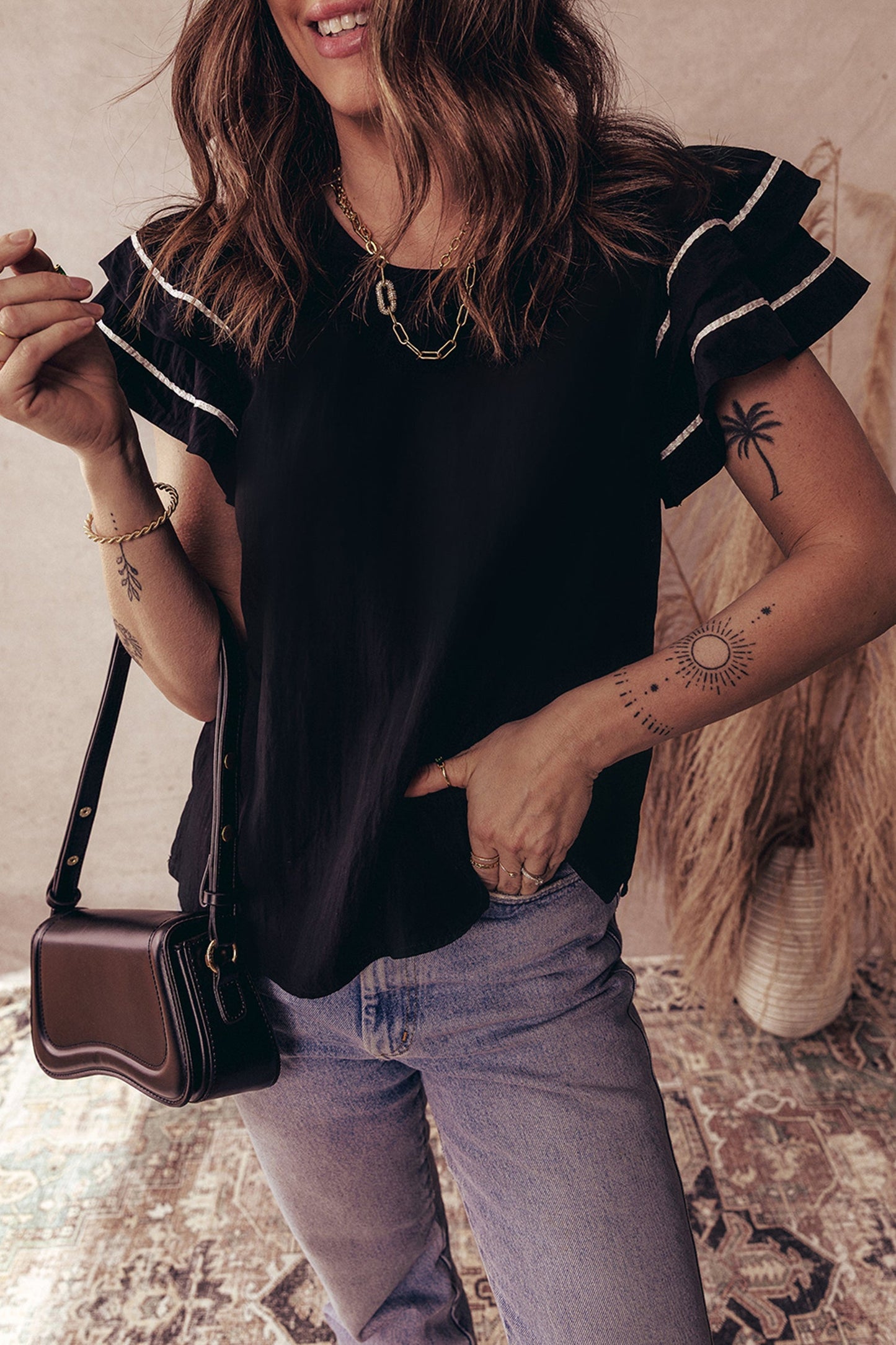 Contrast Trim Dual Ruffle Short Sleeve Blouse