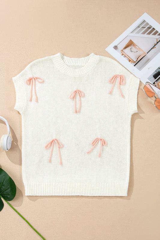 Contrast Bow Tie Short Sleeve Knit Sweater