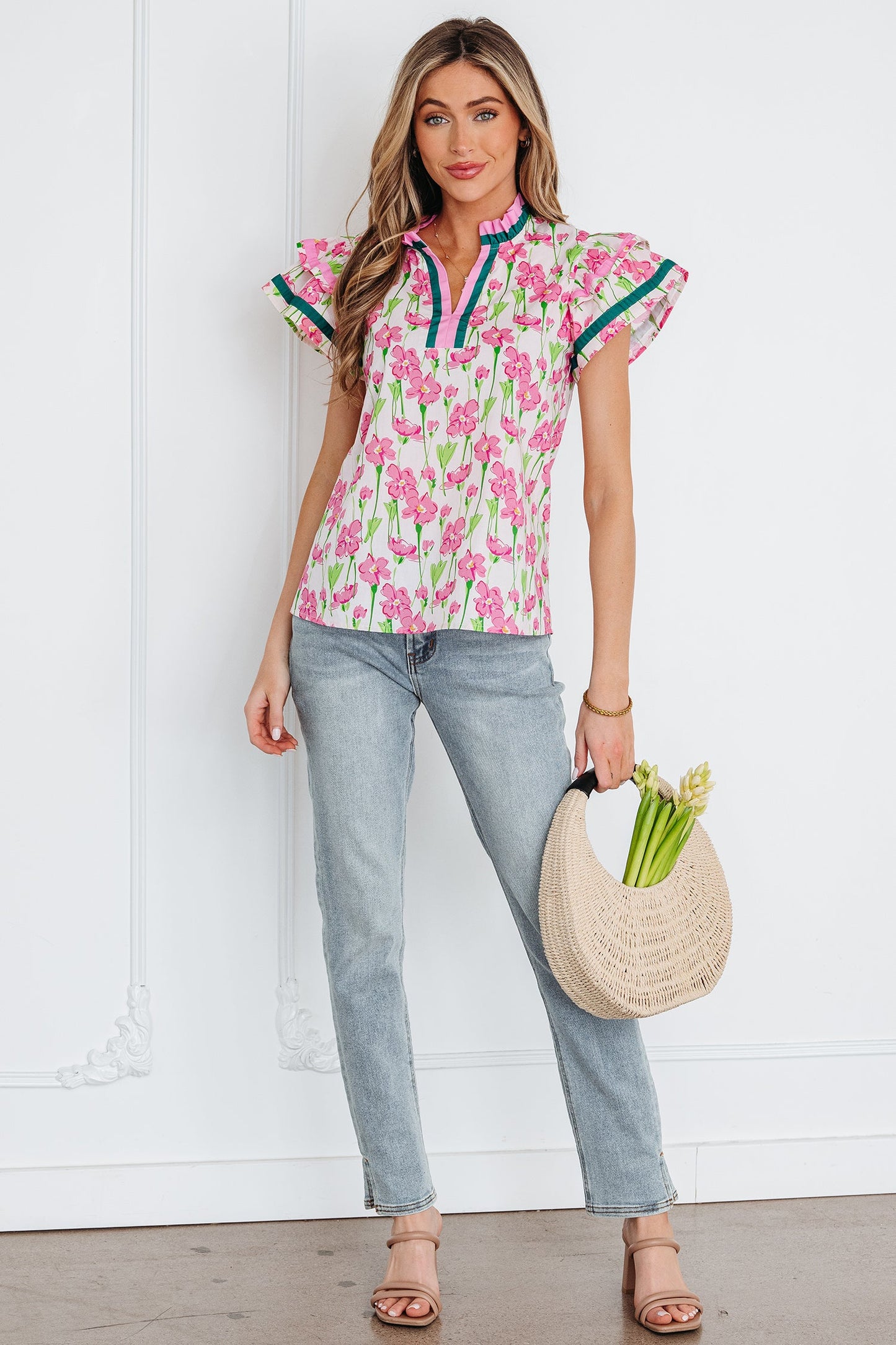 Contrast Trim V-Neck Ruffle Short Sleeve Blouse