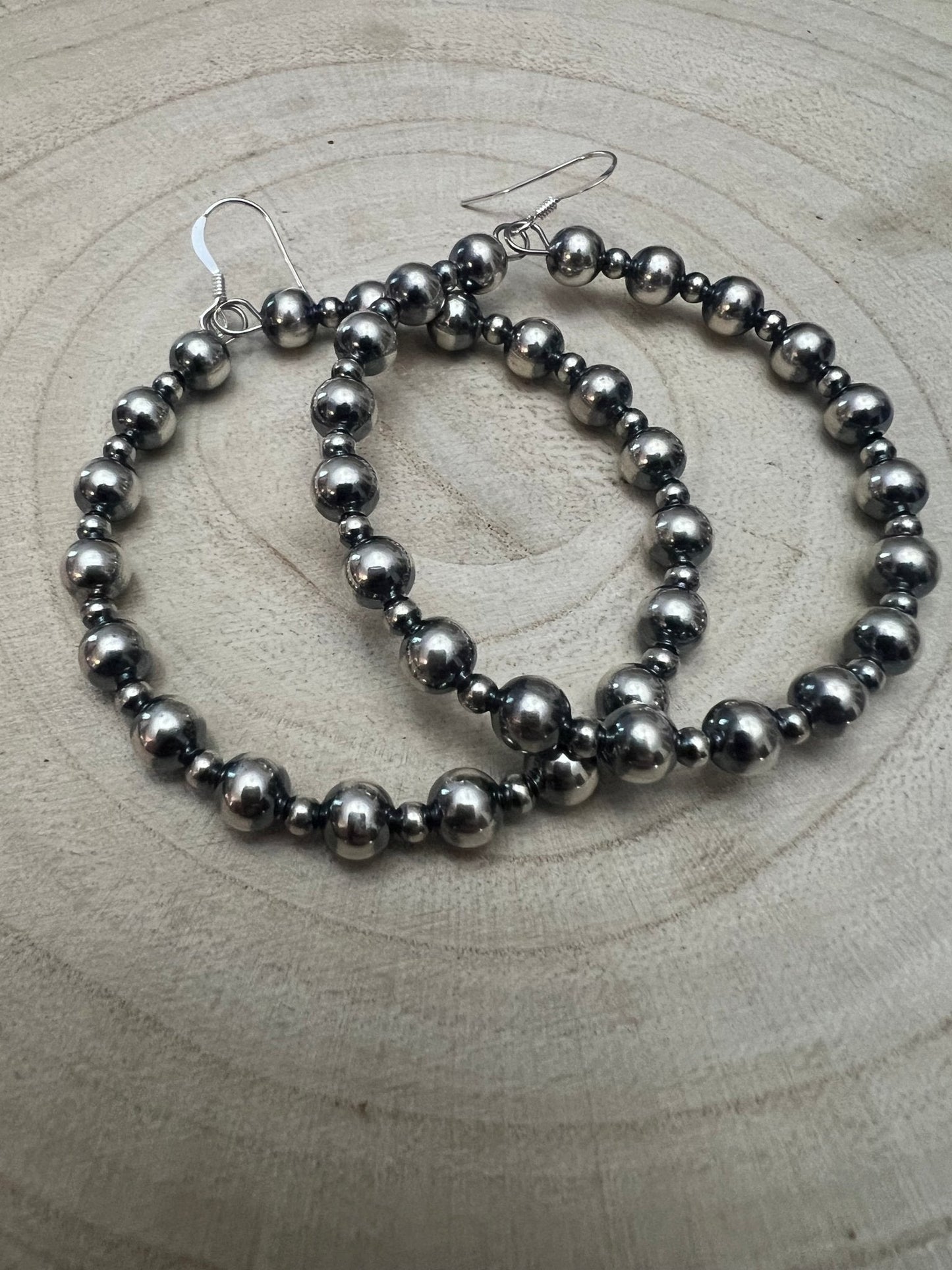 6mm and 3mm Sterling Silver Pearl Hoop Earrings - 2 inch drop