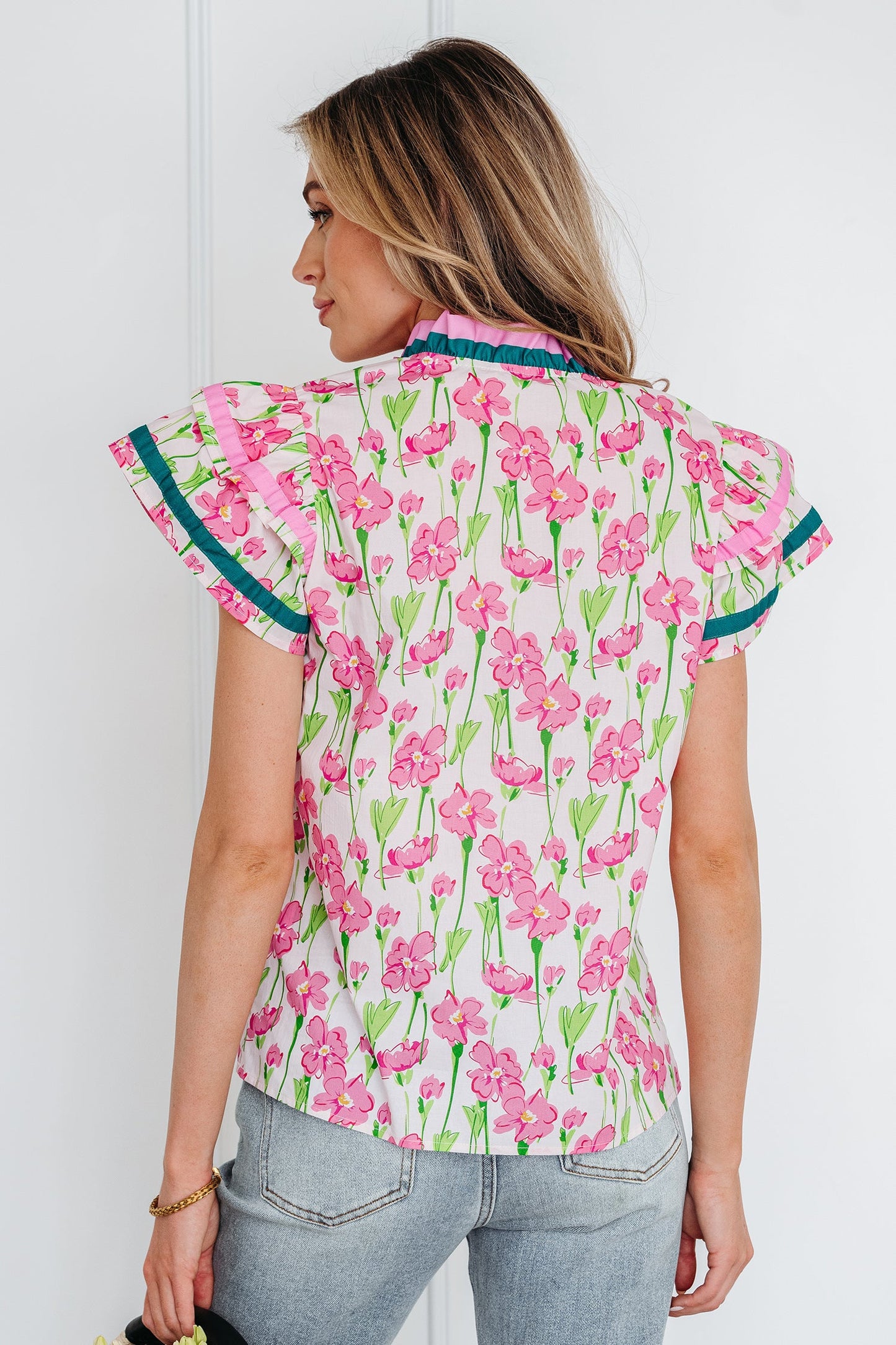 Contrast Trim V-Neck Ruffle Short Sleeve Blouse