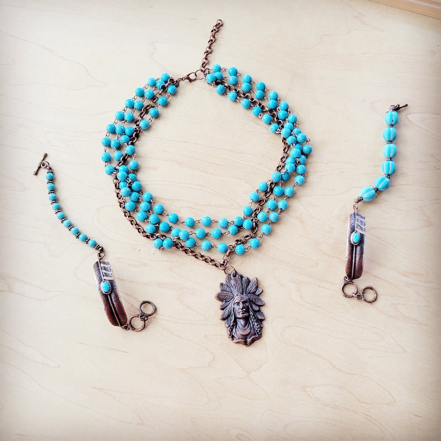 **Blue Melon Turquoise Beaded Bracelet on Copper Feather 810u