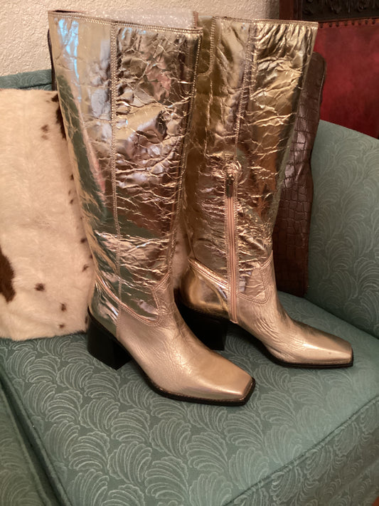 Gold crinkle knee high boots