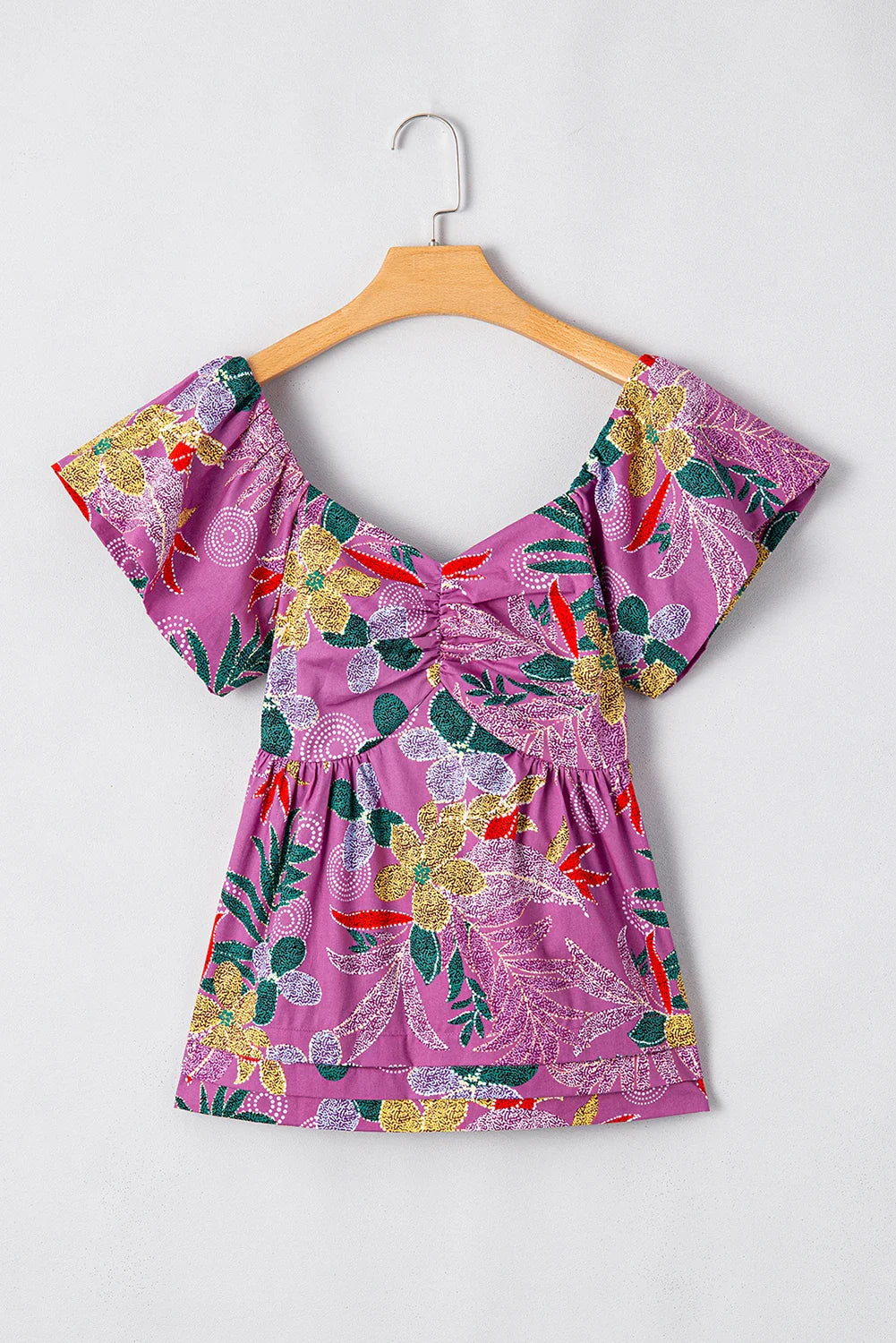 Floral Sweetheart Neck Flutter Sleeve Blouse