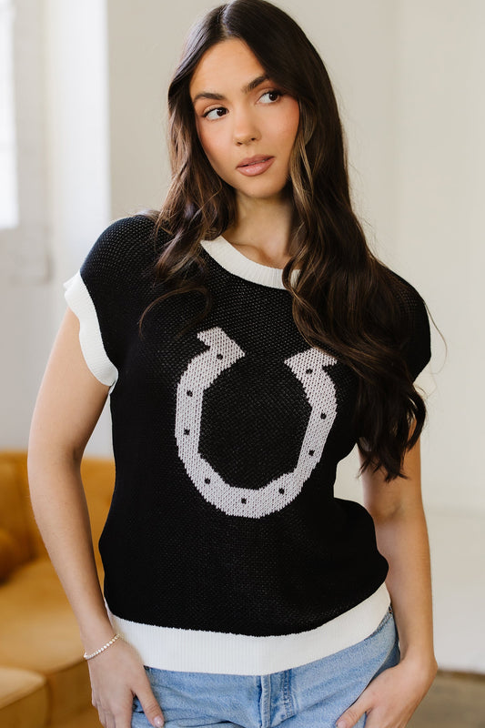 Horseshoe Pattern Western Trim Short Sleeve Sweater