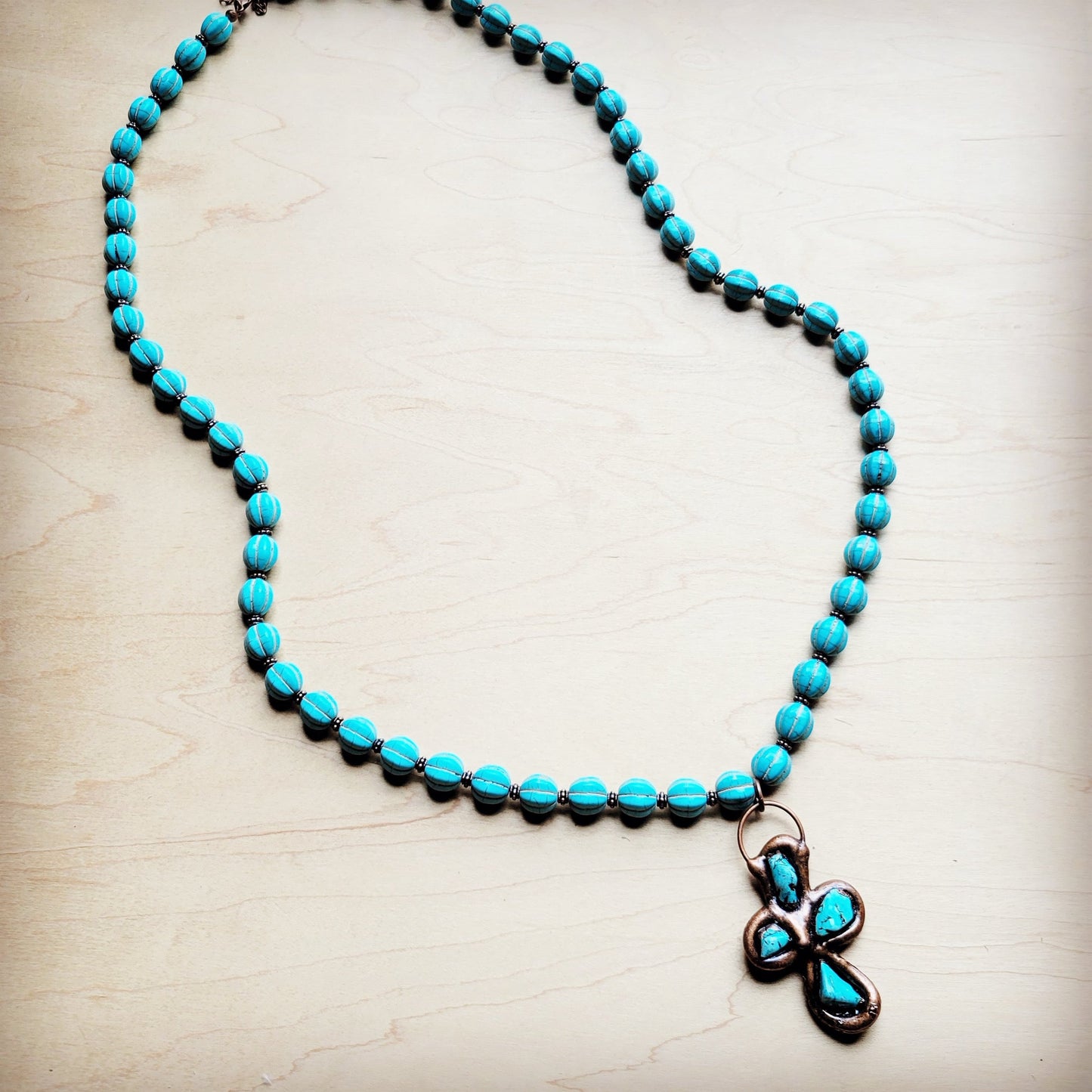 **Blue Turquoise Melon Beaded Necklace w/ Copper Cross 260g