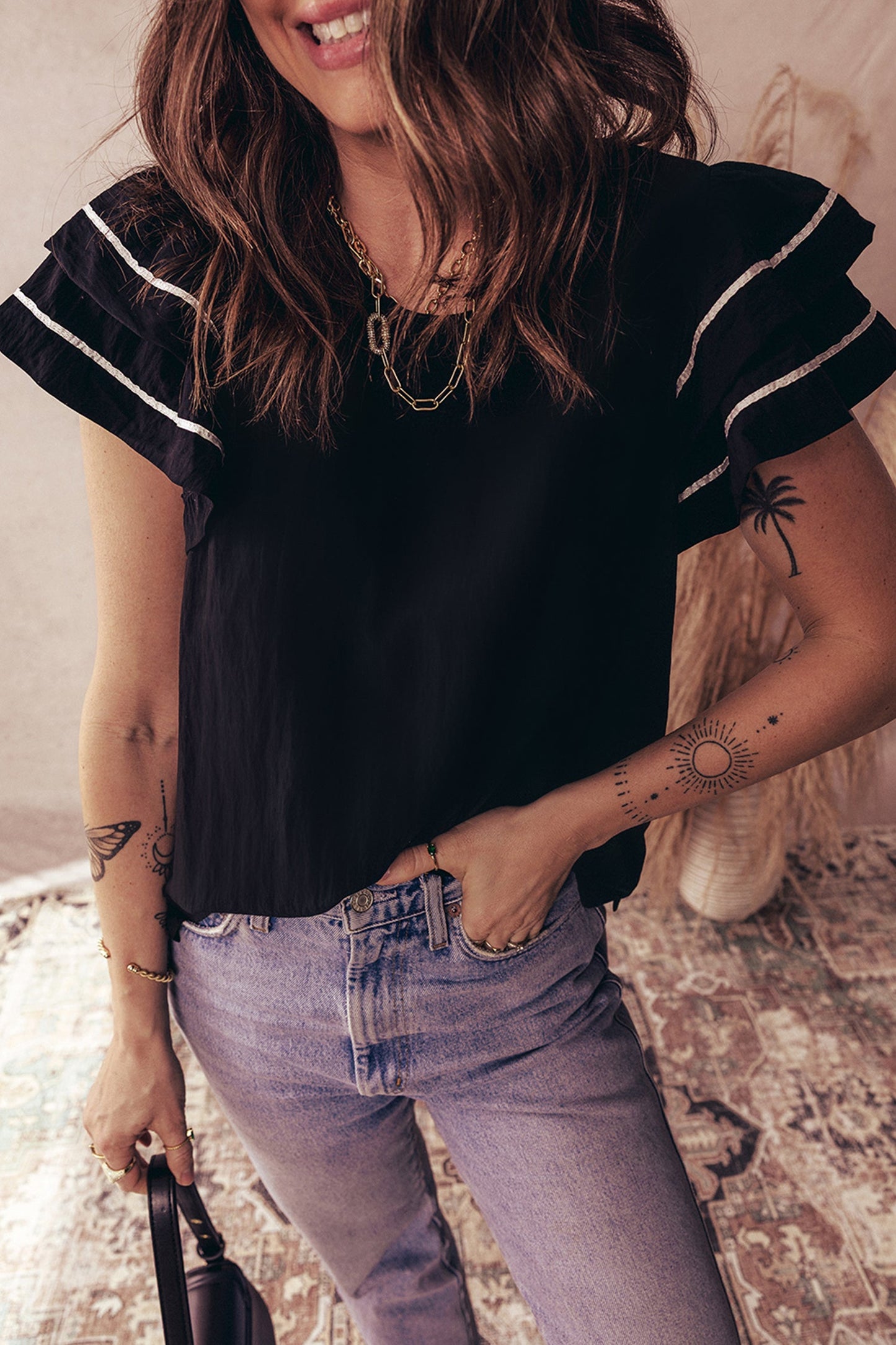 Contrast Trim Dual Ruffle Short Sleeve Blouse