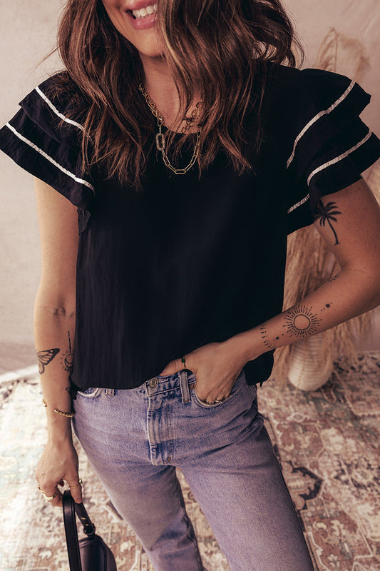 Contrast Trim Dual Ruffle Short Sleeve Blouse