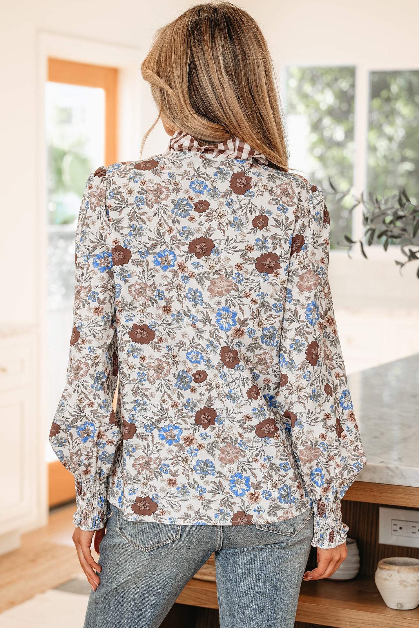 Floral Plaid Frill Trim Long Sleeve Blouse