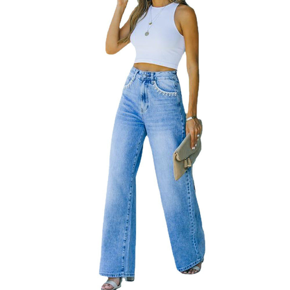 "Ava" Petal Pocket Wide-Leg Denim Jeans