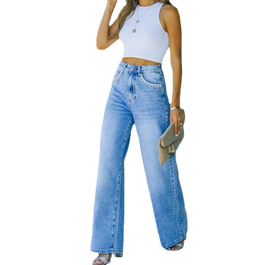 "Ava" Petal Pocket Wide-Leg Denim Jeans